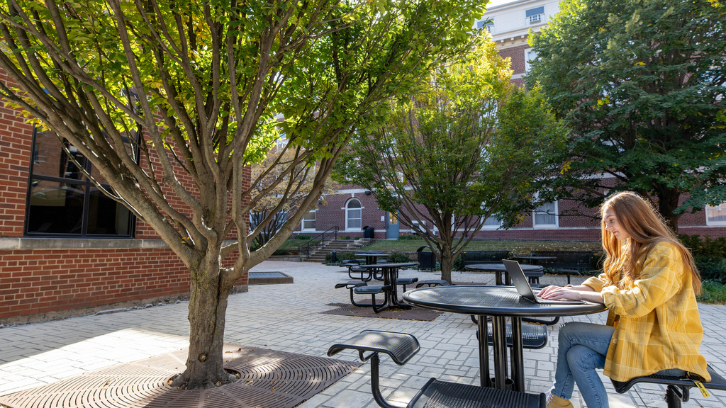 Student studying outside at a table